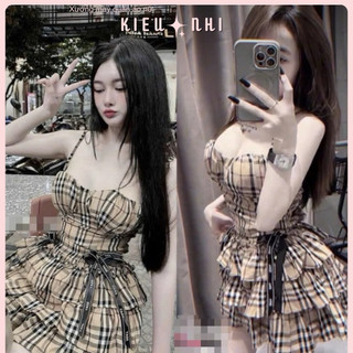 Đầm Body Caro Nữ Cúp Ngực 2 Dây Váy Xòe Tầng 3 Lớp Đính Nơ Đầm Ôm Dáng Sexy Dự Tiệc