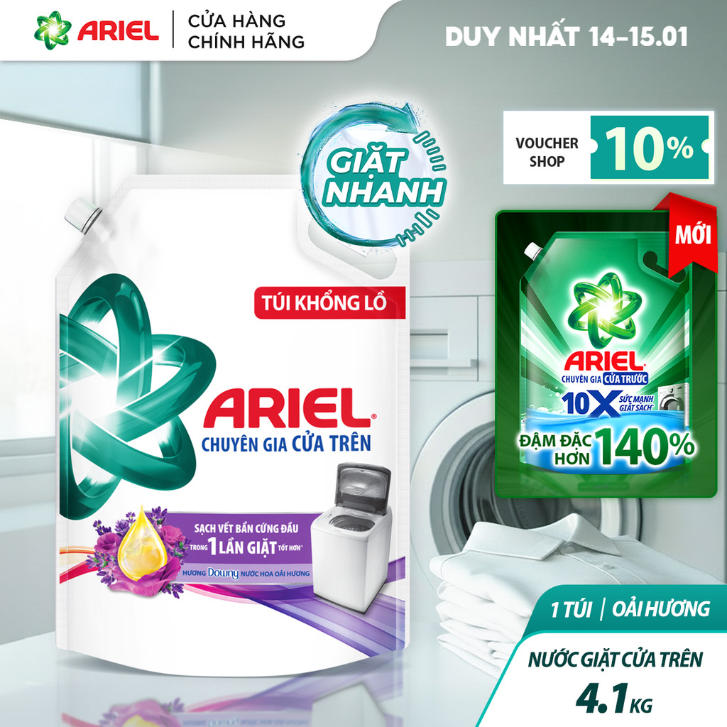 [Livestream] Nước Giặt ARIEL cửa trên Hương Downy Oải Hương 4.1KG/ Nước giặt 10X giặt sạch  túi 4.05
