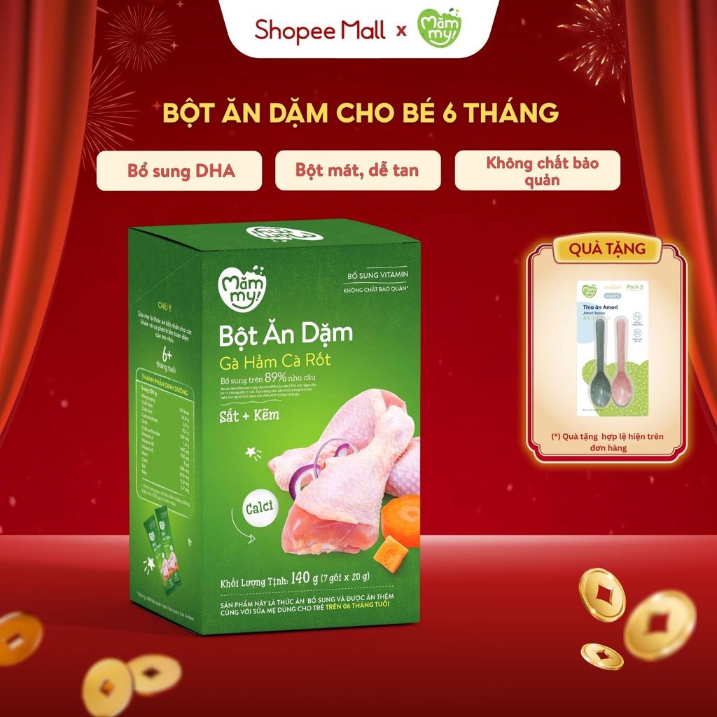 Bột ăn dặm cho bé vị gà hầm cà rốt Mămmy bổ sung Vitamin, Sắt, Kẽm và chất xơ hòa tan hộp 140gr