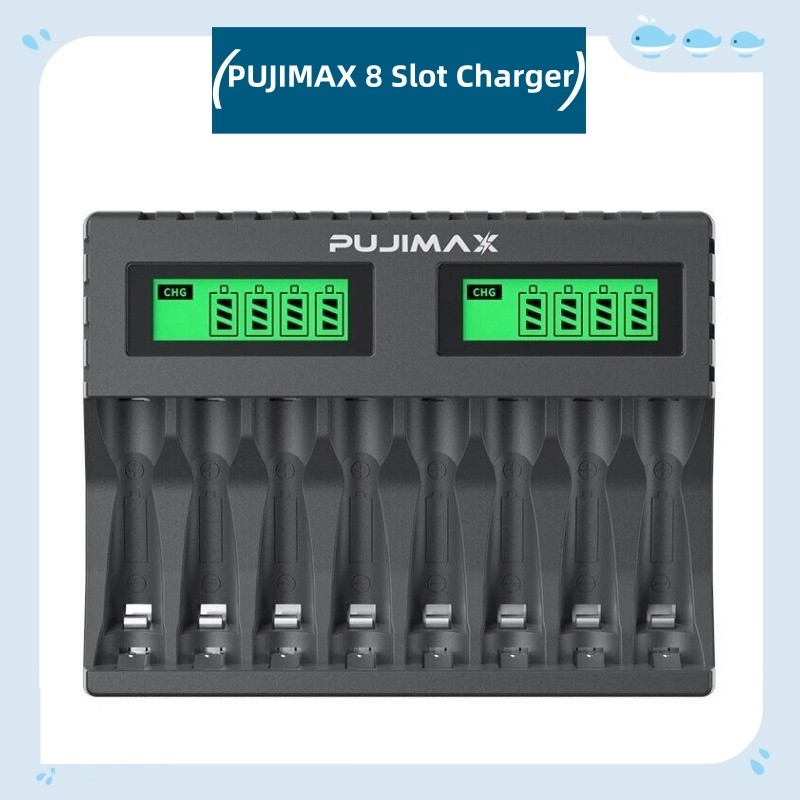 PUJIMAX 8 Slot Smart Fast Battery Charger LCD Display With USB Cable And Energizer AA/AAA Rechargeab