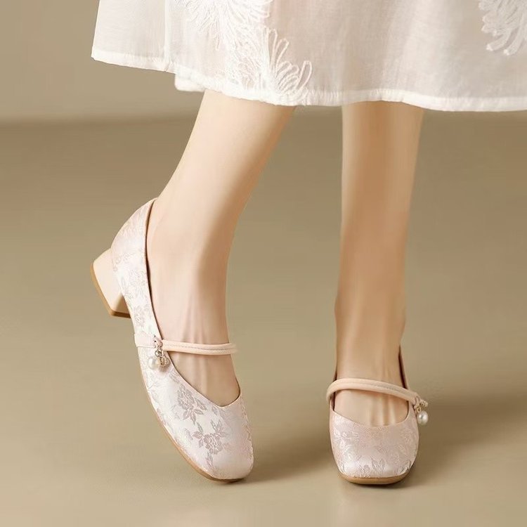 Pháp Ren Jacquard Mary Jacquard Giày Jacquard Gót Dày Đế Mềm Giày Đi Lại Hẹn Hò Thanh Lịch Giày Nữ