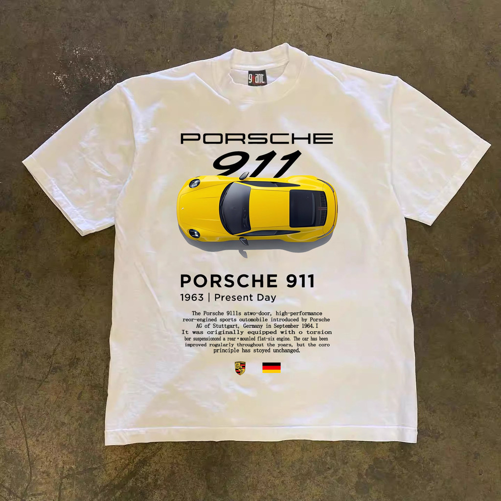PORSCHE American retro street style short-sleeved T-shirt with 911 sports car print, breathable spor