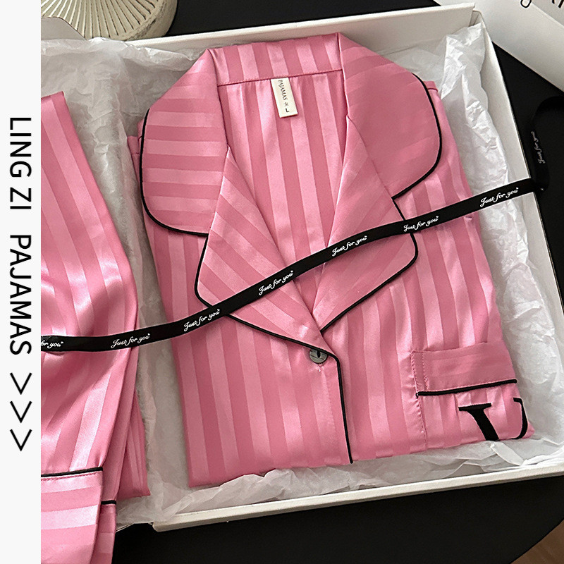 Bộ đồ ngủ lụajacquard sọc đôi màu hồng Barbie, phong cách Victoria's Secret - Homewear set sang trọn