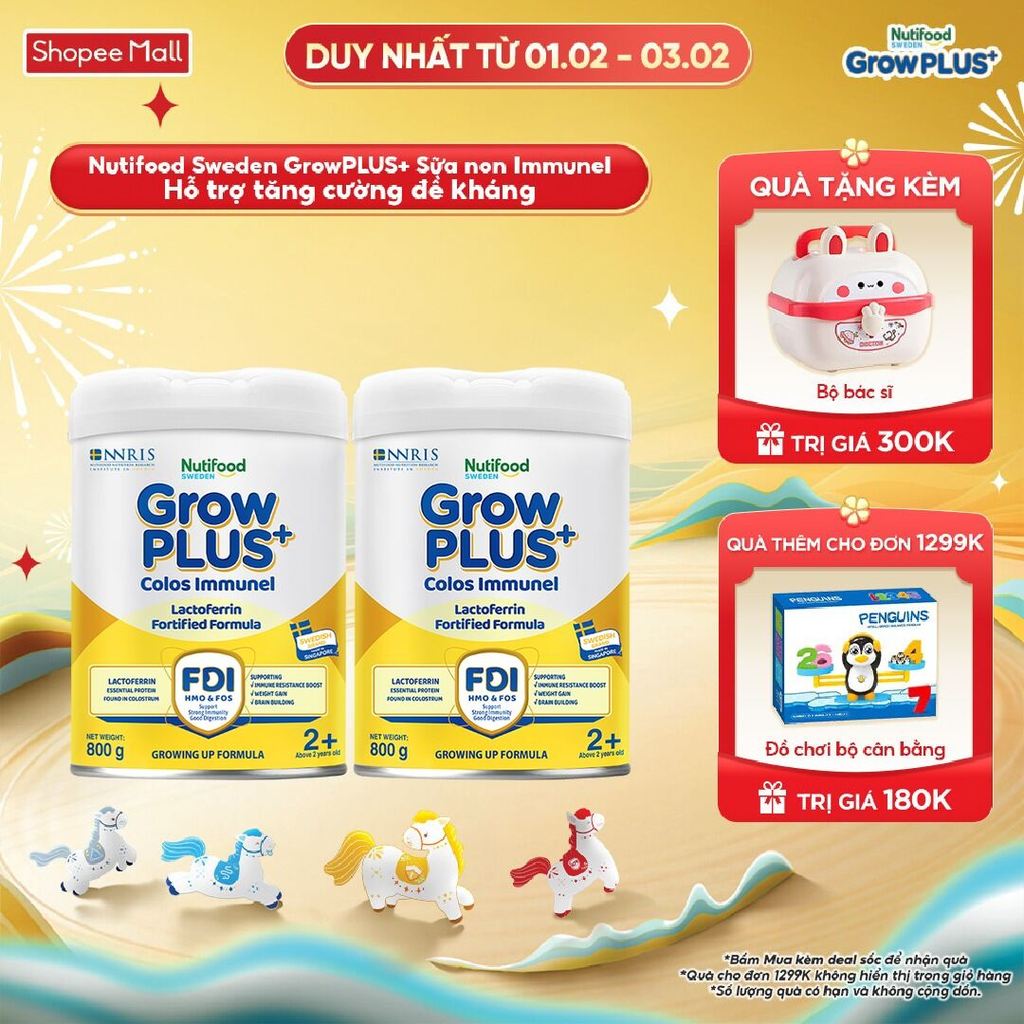 Combo 2 Sữa Bột Nutifood Sweden GrowPLUS+ Sữa Non Immunel trên 2 tuổi lon 800 g (Bao bì tuỳ lô hàng)
