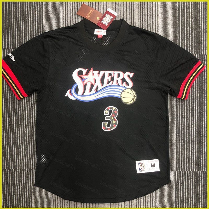 Sơ Mi jersey 76ers Iverson số 3, cổ điển màu đen tay ngắn, áo phông kỷ niệm