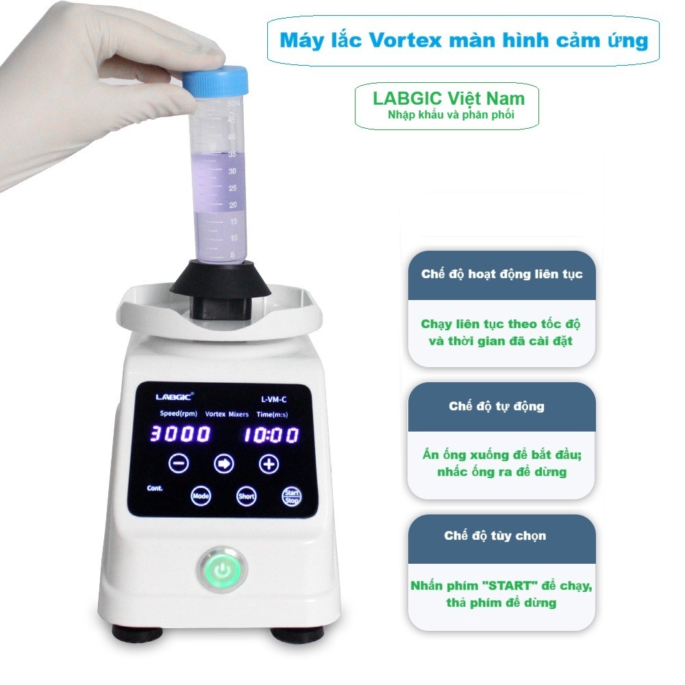 Máy Vortex Mixer màn hình cảm ứng, tốc độ 300-3000rpm, biên độ 3mm, L-VM-C, hãng LABGIC LABTECH SHOP