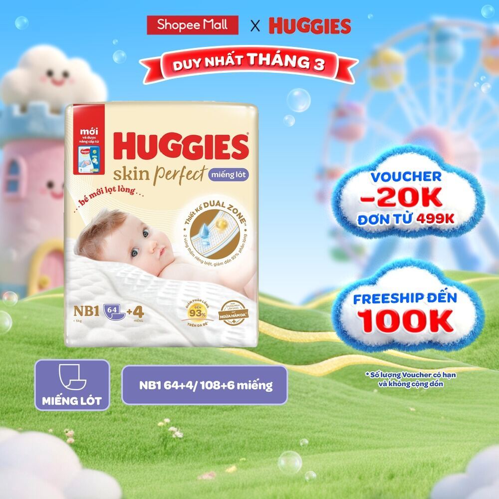 Miếng lót sơ sinh Huggies Skin Perfect NB1 64+4/NB1 108+6 miếng với 2 vùng thấm giảm kích ứng da