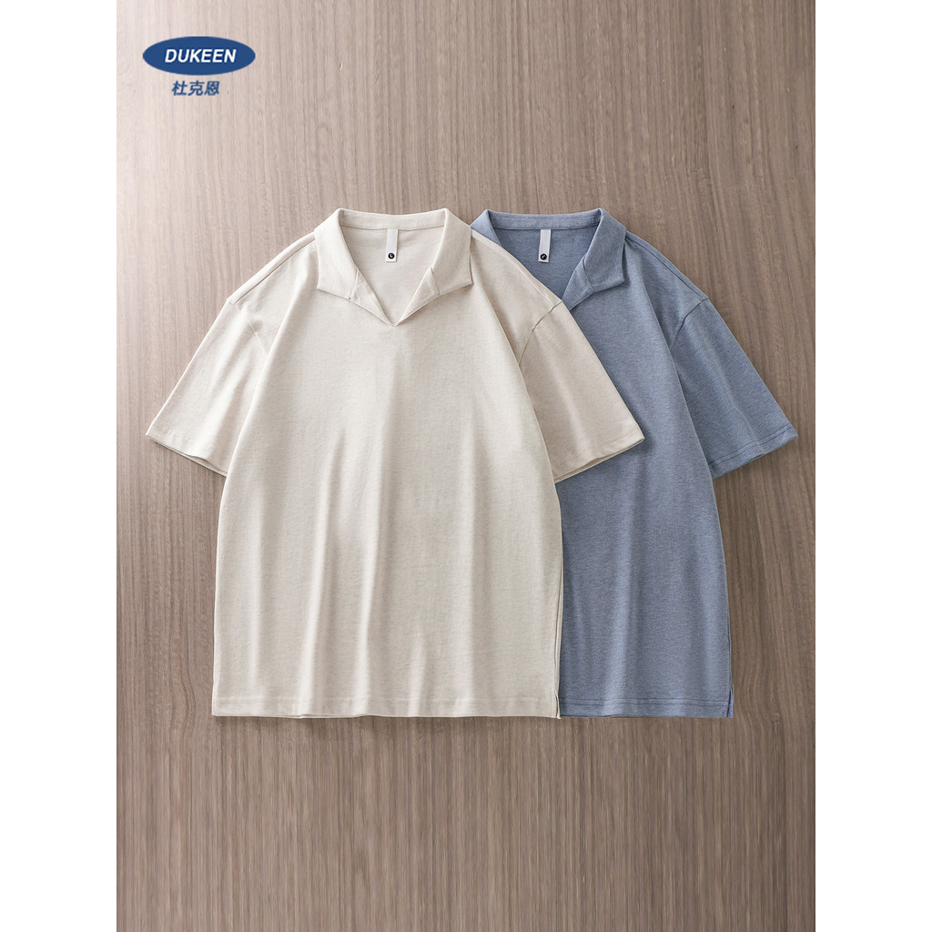 Dukeen Áo Thun Nam Cotton Nguyên Chất, Cổ Chữ V, Tay Ngắn, Họa Tiết Style Polo