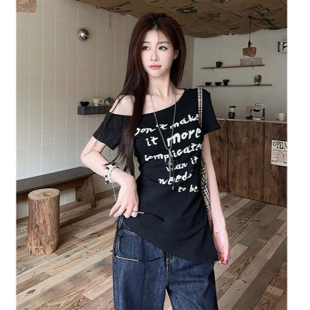 Áo Thun Ngắn Tay Trễ Vai Phong Cách Hàn Quốc Dành Cho Nữ Thời Trang Mùa Hè Mới Có in Chữ | BigBuy360 - bigbuy360.vn