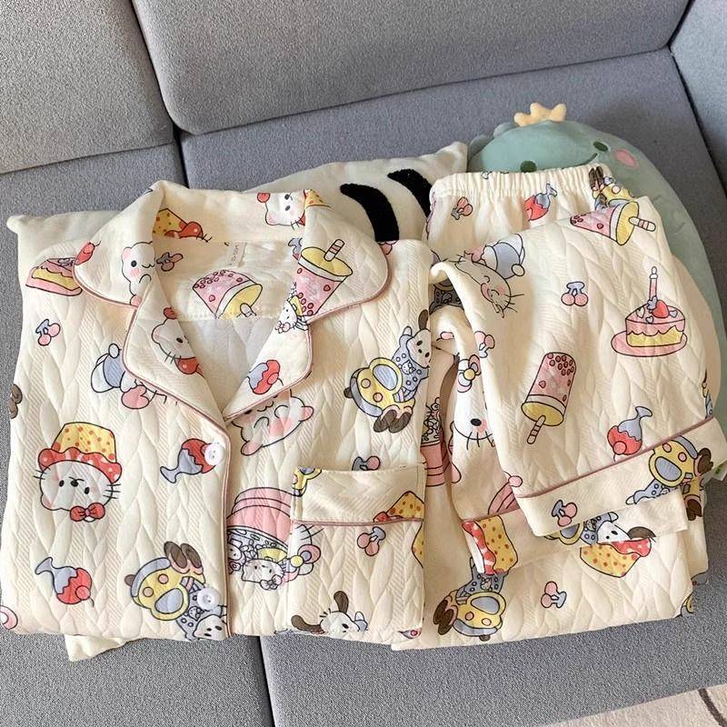New Pajamas Women's Autumn and Winter Thickening Hello Kitty Outer Wear Cardigan Homewear Suit wG1n