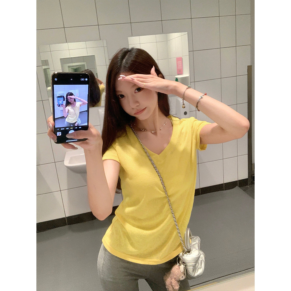 áo phông nữ kiểu sang chảnh áo thun hè Áo phông ngắn tay vai trước cổ chữ V cho nữ hoàng Moses Queen