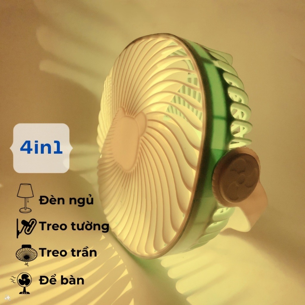 Quạt Tích Điện Mini Treo Tường, Quạt Để Bàn Có 3 Chế Độ Kèm Sạc USB Đa Năng Kiêm Đèn Ngủ, Pin Trâu-h