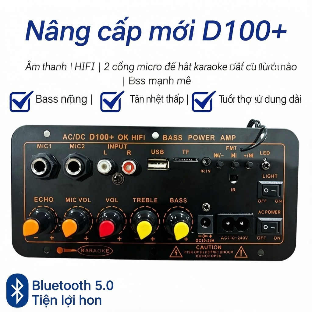 【Free ship】Mạch loa D100+ Bluetooth 5.0 hát Karaoke công suất lớn 120W, 12V/24V/220V lắp loa kéo (vớ