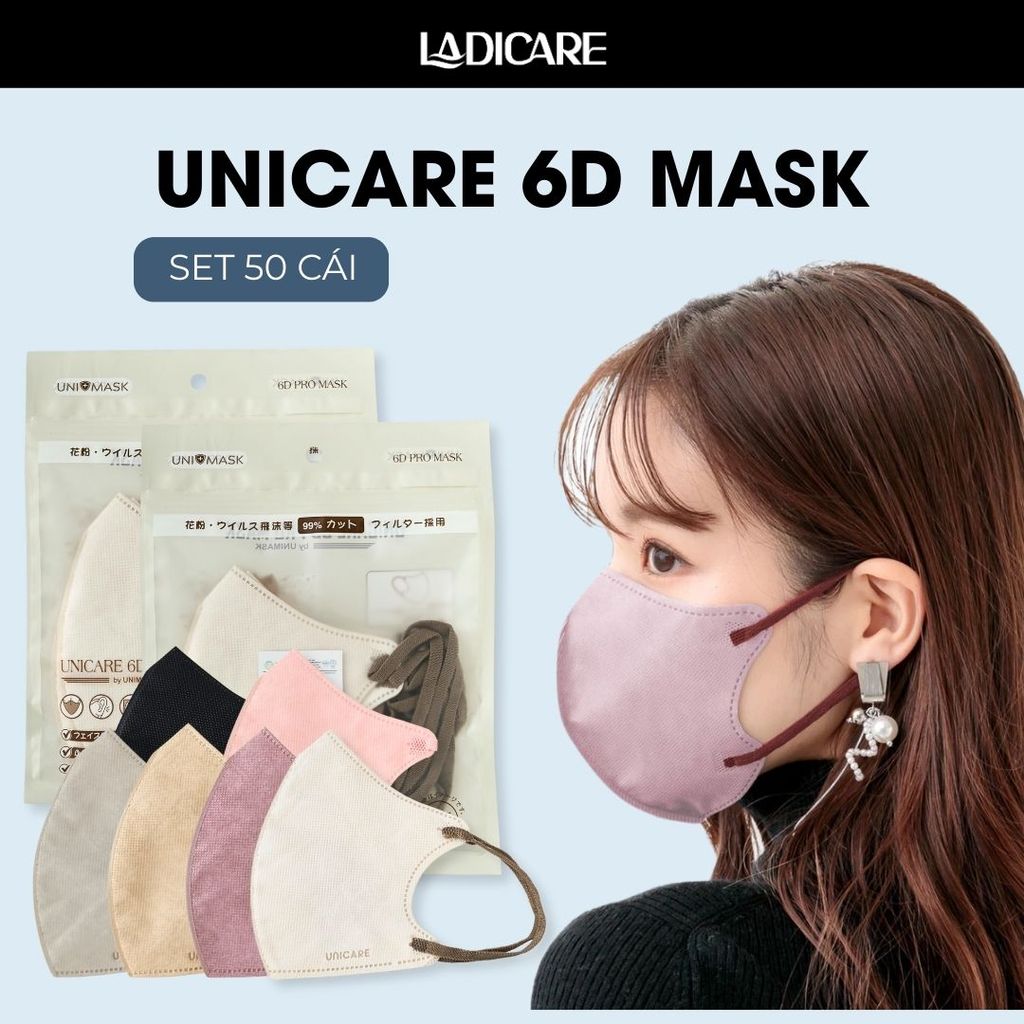 UNICARE Combo 50 cái khẩu trang 6D Unicare Pro Mask 3 Lớp Kháng Khuẩn chính hãng 6 màu thời trang