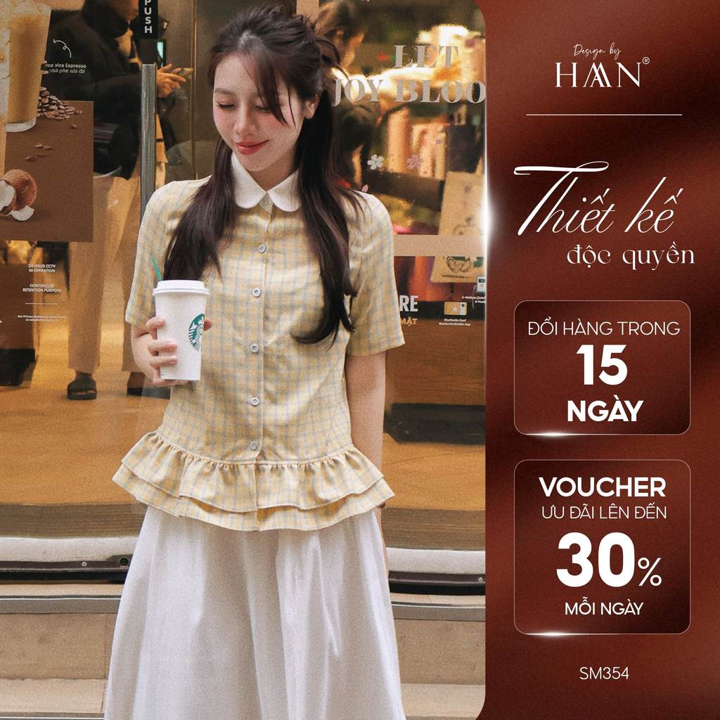 Áo Sơ Mi Nữ Tay Ngắn Kẻ Vàng Thiết Kế Cổ Sen Vạt Viền Bèo Sang Trọng HAAN DESIGN SM354