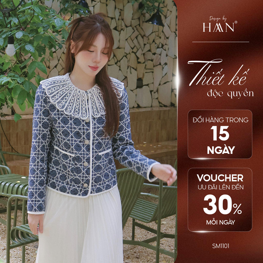 Áo Dạ Tweed Nữ Thiết Kế Viền Cổ Tròn Cách Điệu, Họa Tiết Kẻ Xanh Sang Trọng HAAN Design SM1101