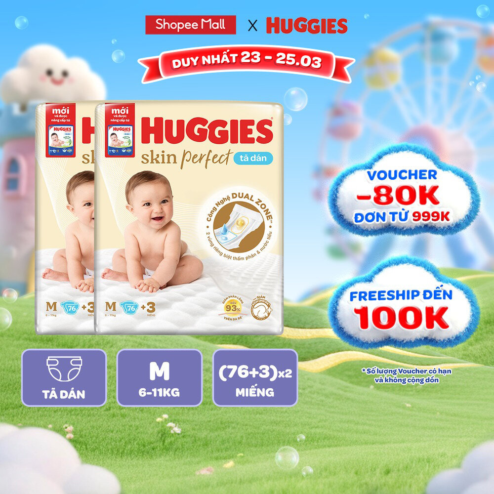 Combo 2 Tã/bỉm dán Huggies Skincare Super Jumbo M76+3/L68/XL60/XXL56