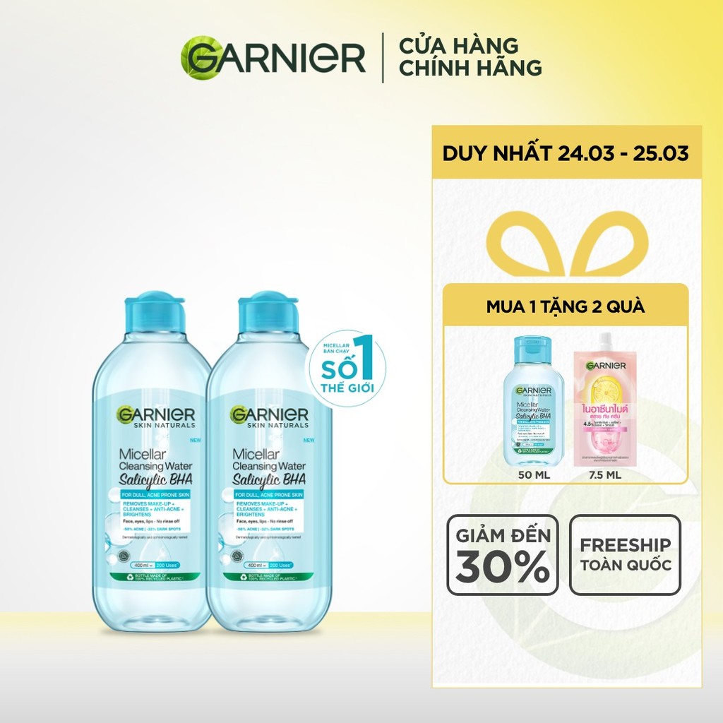 Bộ 2 Nước tẩy trang Garnier Cho Da Dầu Mụn Salicylic BHA Micellar 400ml x 2 (mới)