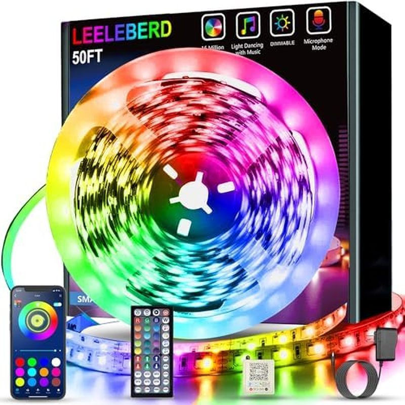 Dải đèn LED phòng ngủ Leeleberd, 100 feet (2 cuộn, 50 feet mỗi cuộn), Dải đèn LED RGB đổi màu đồng b