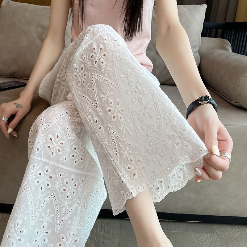 UQTS Narrow-cut Chinese-style wide-leg pants for women, summer thin loose slimming white embroidered