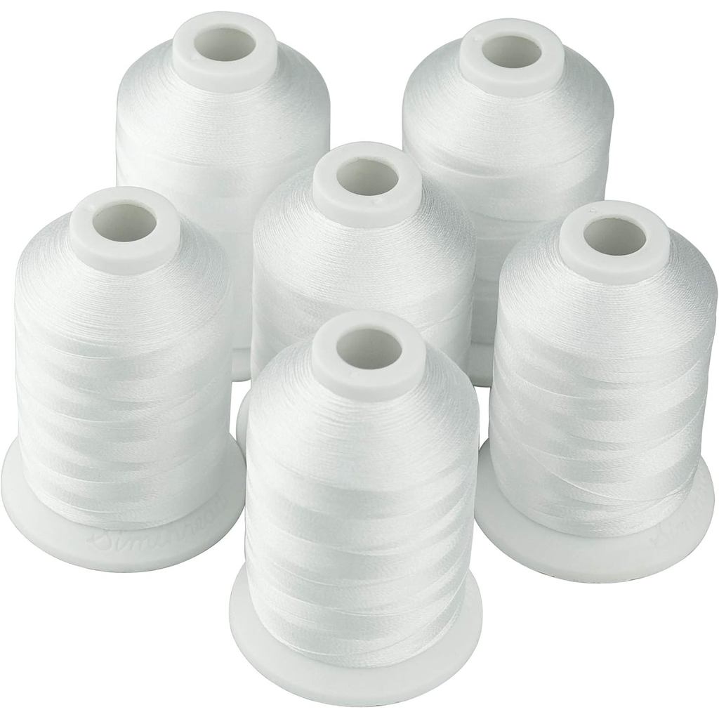 Sợi thêu máy màu trắng Simthread 6 Polyester 1000M (1100Yards) Tương thích với Brother, Babylock, Ja