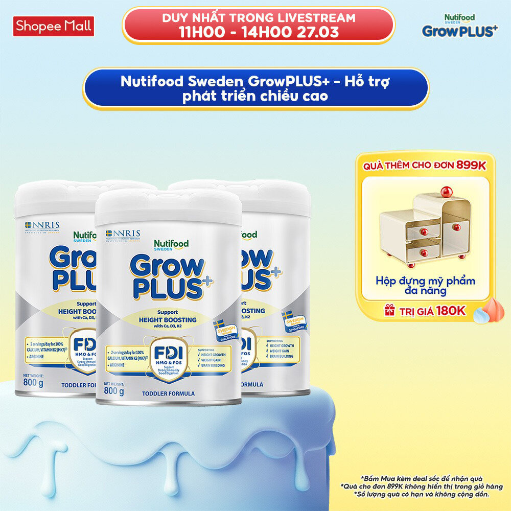 Combo 3 Sữa Bột Nutifood Sweden GrowPLUS+ Cao lớn vượt trội (Bạc) 800g