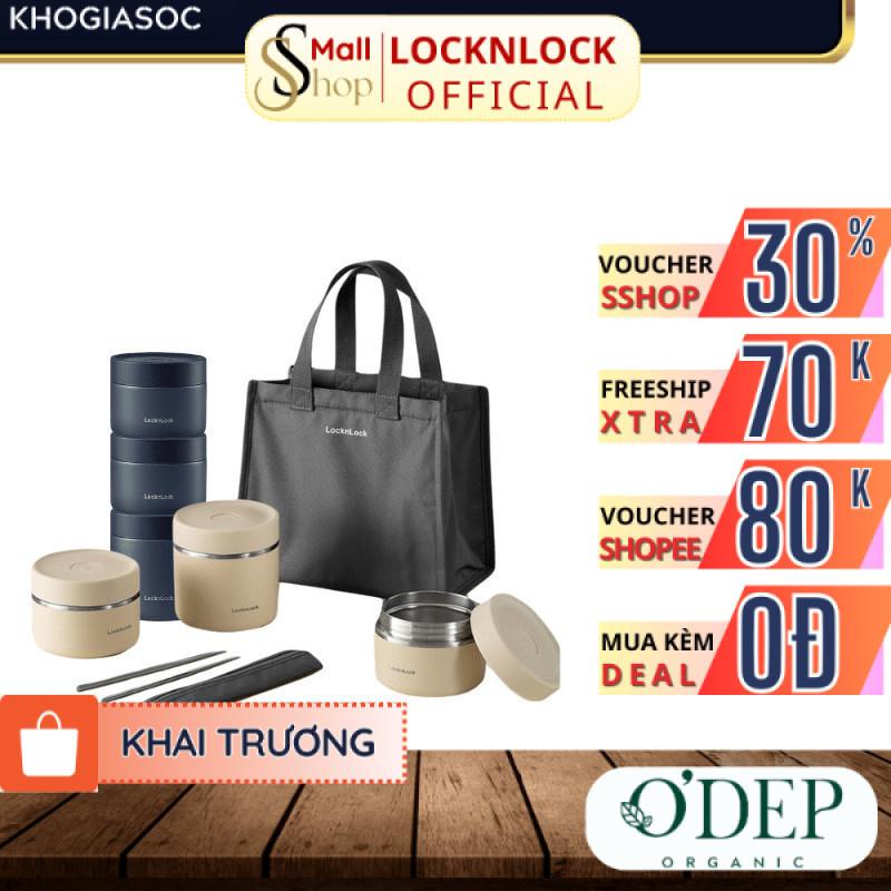 Hộp cơm giữ nhiệt LocknLock 3 ngăn 1.1L Chính hãng, Kèm túi, muỗng đũa, tiện lợi, giữ nhiệt lâu LHC8