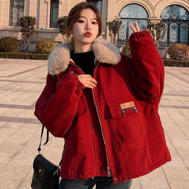 Áo khoác parka lông cừu nữ ngắn, dáng rộng ấm áp cho mùa đông