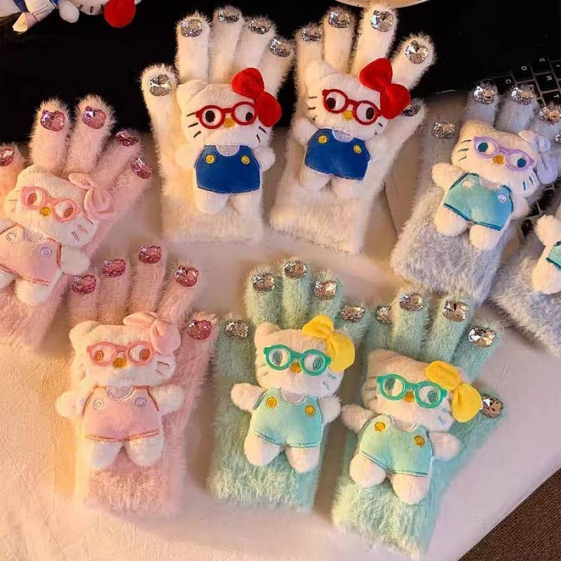 Cute Pink Hello Kitty Rhinestone Plush Fingerless Gloves Winter Fleece Lined Padded Warm Keeping Rid