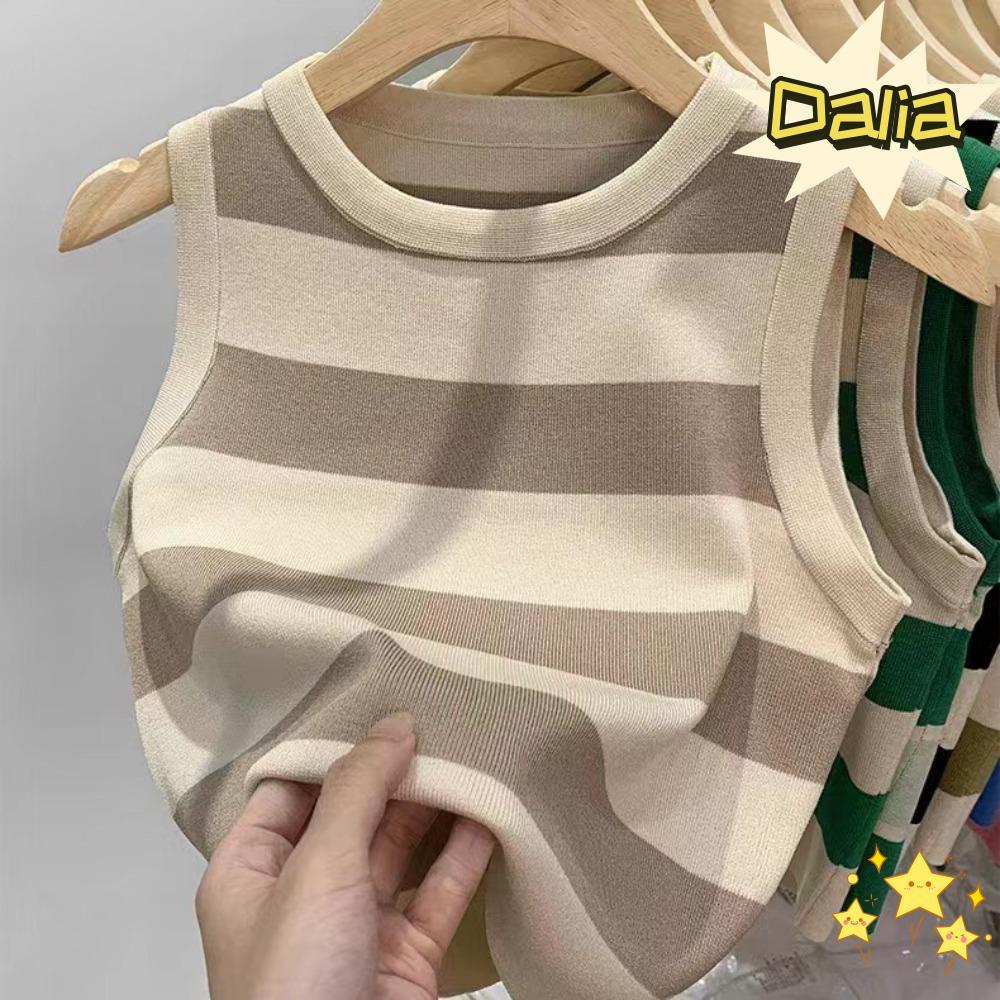 DALIA Crop Top len dệt kim sọc tương phản cổ tròn, áo thời trang nữ