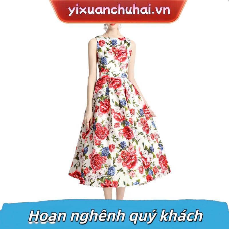 Mùa Hè Cao Cấp Fower Tank Midi Đầm Nữ Runway Thời Trang Cổ Tròn Không Tay In Hoa Dạ Hội Đảng Chữ A V