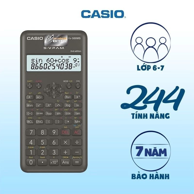 🧮Máy Tính Casio FX-500MS Đen 244 Phím Chính Hãng, Bảo Hành 7 Năm, Máy Tính Học Sinh Cấp 2 Trở Lên, M