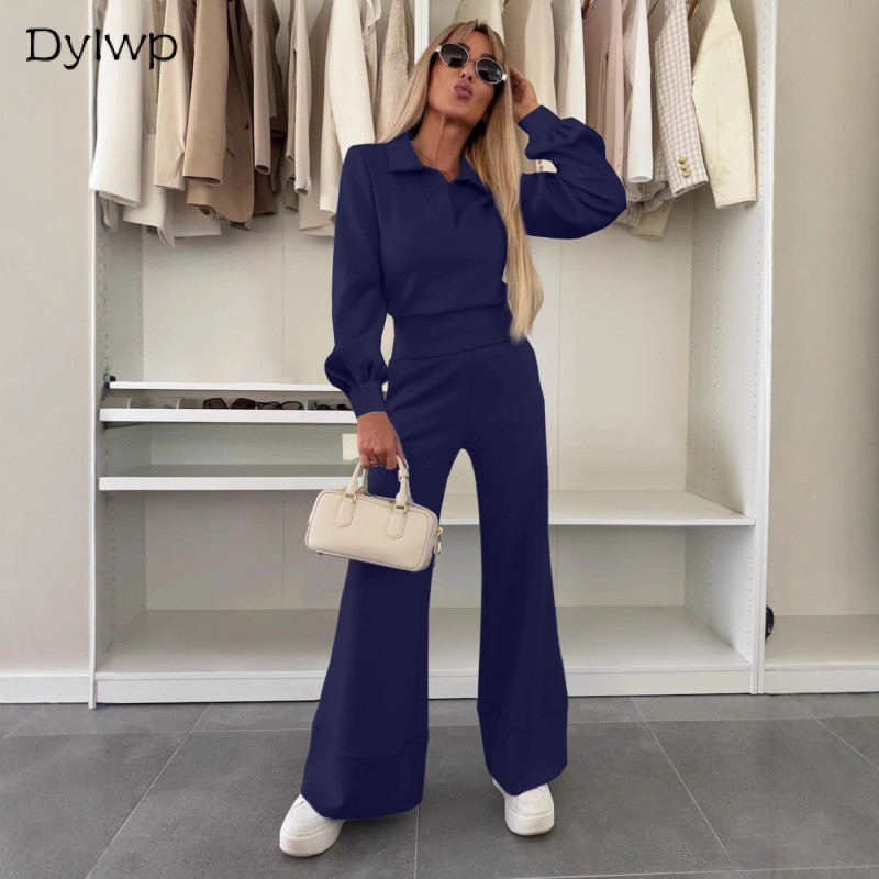 Bộ nữ dài tay ve áo và quần ống rộng co giãn