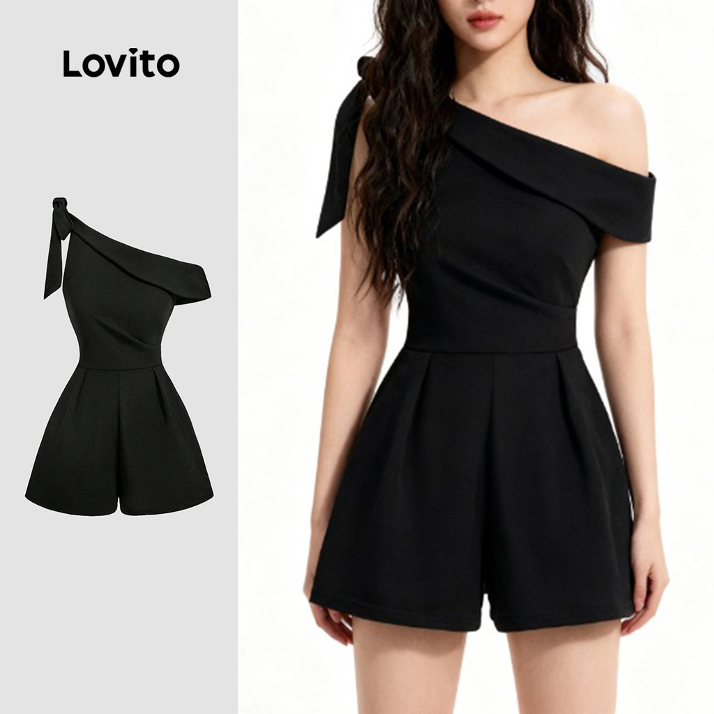 Lovito Bộ Jumpsuit Thanh Lịch Hở Vai Kiểu Dáng Bất Đối Xứng Thắt Nơ Phía Trước Màu Đen Thích Hợp Cho