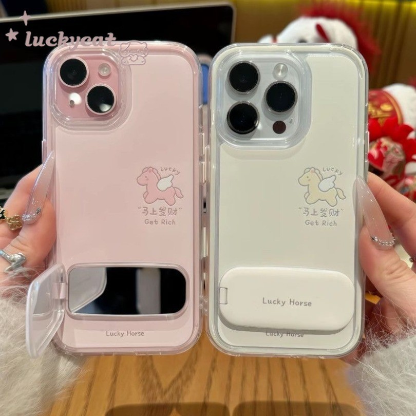 Ốp điện thoại cặp đôi thiên thần dễ thương + Đế gương cho iPhone 17 16 15 14 13 12 11 Pro Max