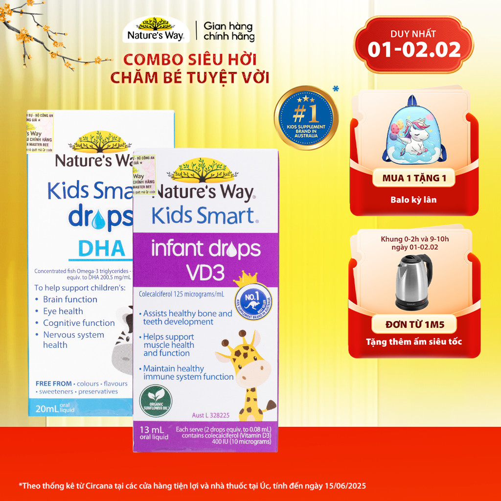 Combo 2 Siro Uống Nature's Way Kids Smart Drops DHA và Infant Drops VD3 organic Bổ Sung Vitamin D Ch