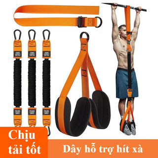 Dây kháng lực 3 mức (150-225LBS) từ cao su đàn hồi tốt, kèm tay cầm và móc, phù hợp cho các bài tập kéo lên và xích đu.