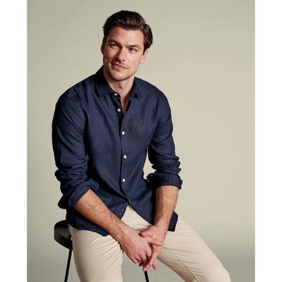 CHARLES TYRWHITT - Áo sơ mi nam cổ bẻ tay dài Pure Linen_CSH0015-NAV