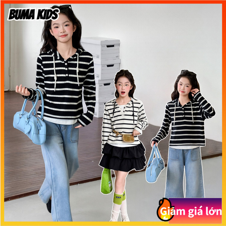 BUMA KIDS🔥Áo Hoodie sọc hai mảnh giả phong cách xuân thu dành cho nữ