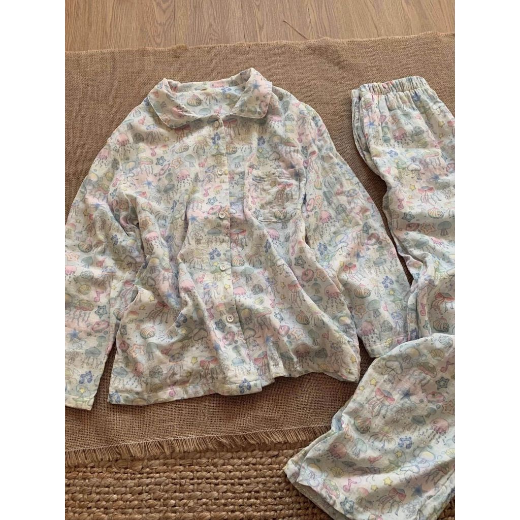 Bộ Đồ Ngủ Cute Thạch Sứa Dài Tay Nữ Xuân Thu, Áo Cardigan Phối Set, Style Sweet