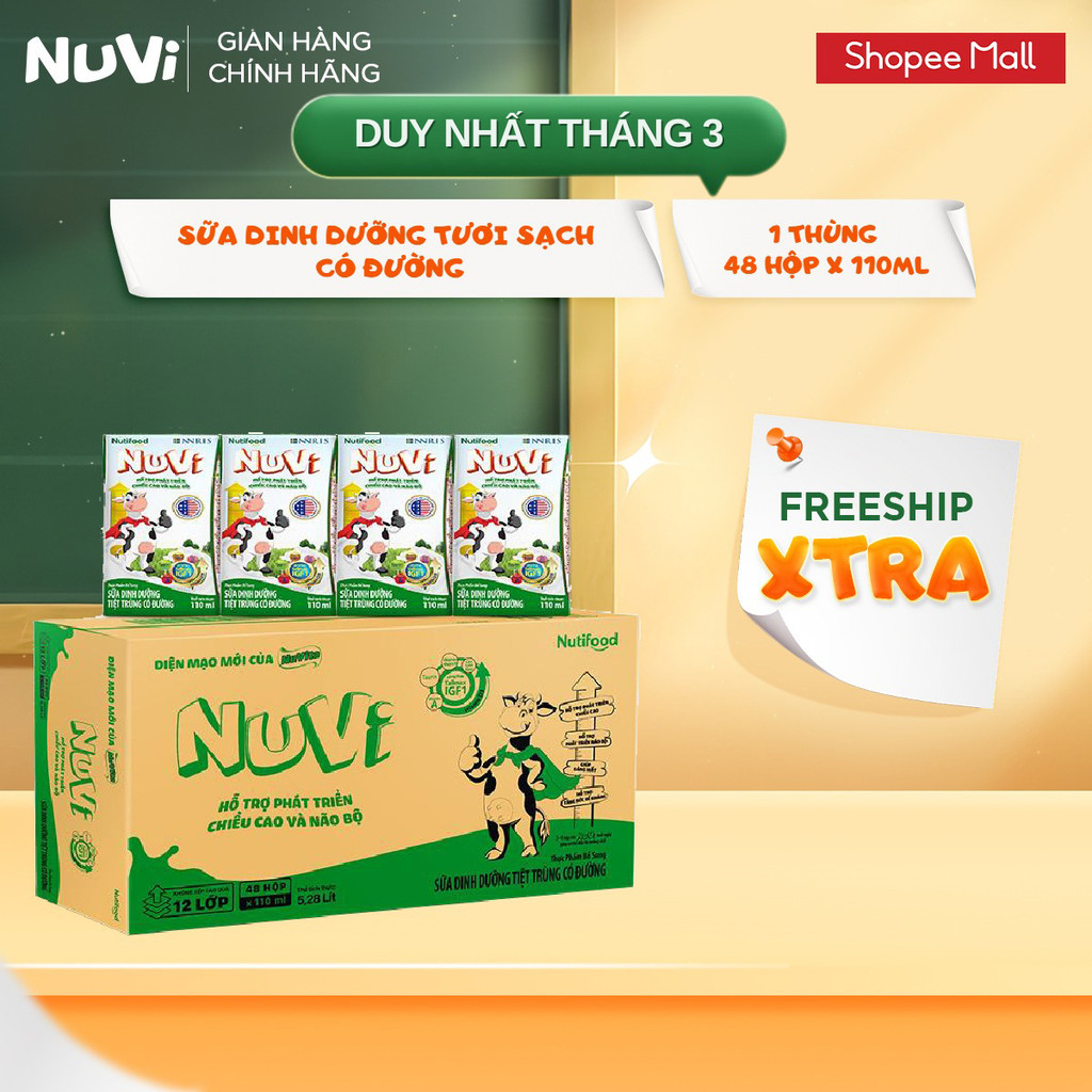 Thùng 48 Hộp Sữa Dinh Dưỡng Tươi Sạch NuVi Có Đường 110ml