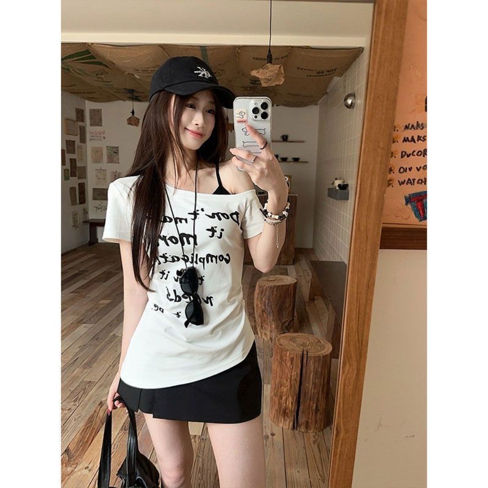 Áo Thun Ngắn Tay Trễ Vai Phong Cách Hàn Quốc Dành Cho Nữ Thời Trang Mùa Hè Mới Có in Chữ | BigBuy360 - bigbuy360.vn
