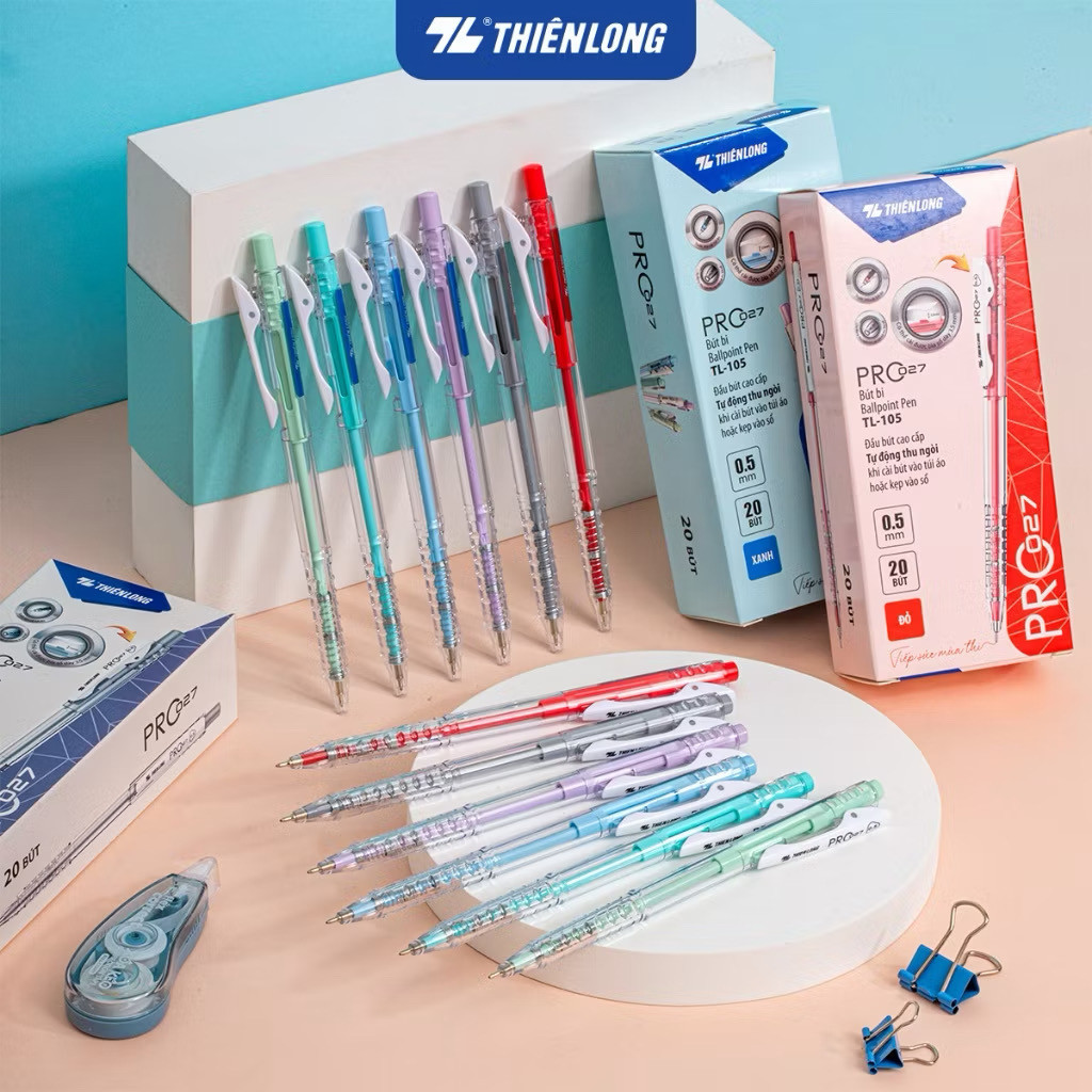 COMBO 3 Bút bi Thiên Long TL-105 ngòi 0.5 màu pastel PRO 027 Chính hãng viết bi TL027 mực văn phòng 