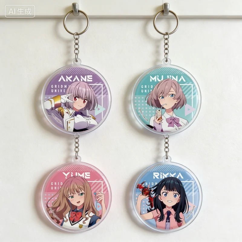 Móc khóa Anime Gridman Universe Rikka Takarada Akane Mujina Yume mica tròn trang trí balo phụ kiện q
