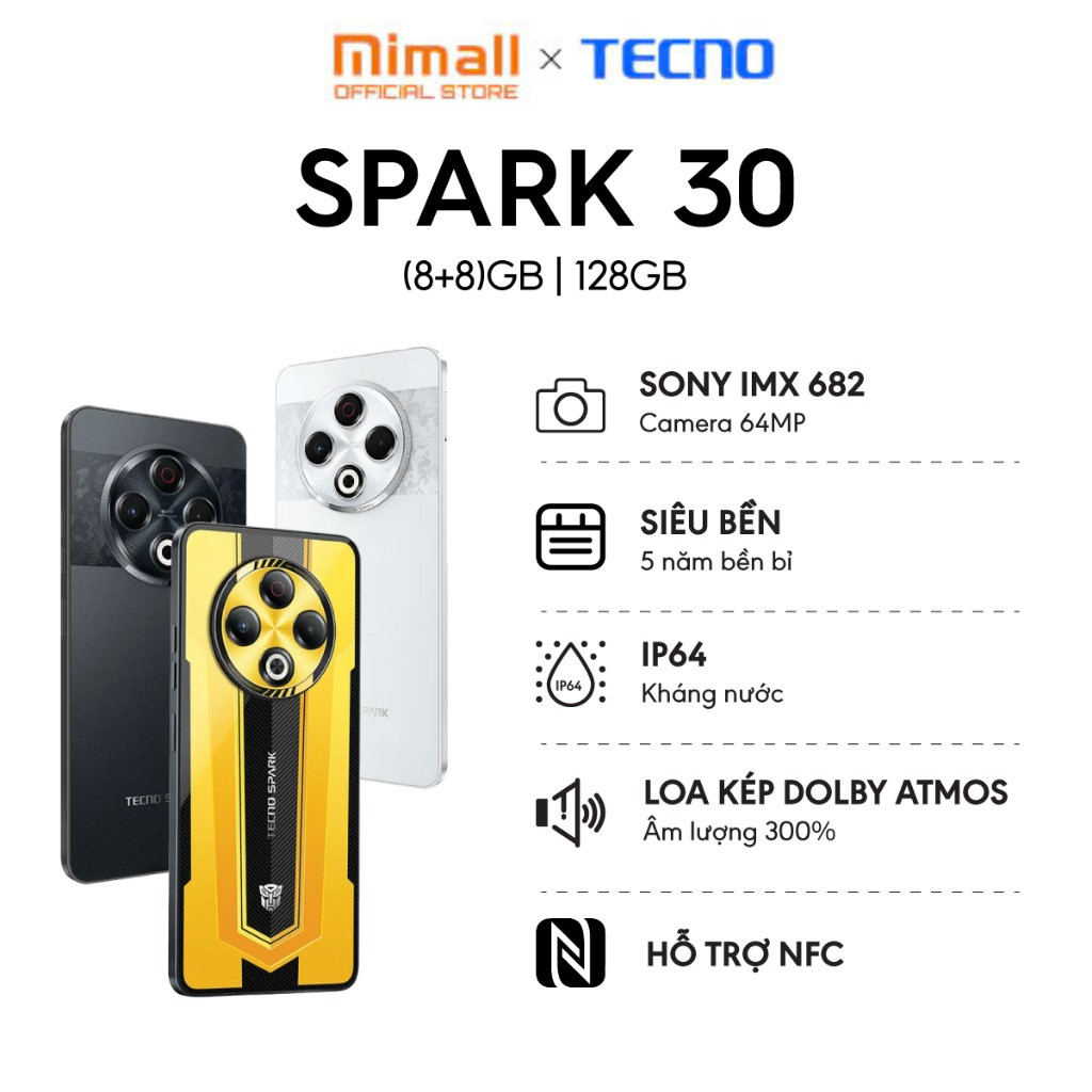 Điện thoại TECNO SPARK 30 (8+8)GB/128GB - Siêu bền | Loa kép 300% | Camera 64MP | NFC | Thiết Kế Tra