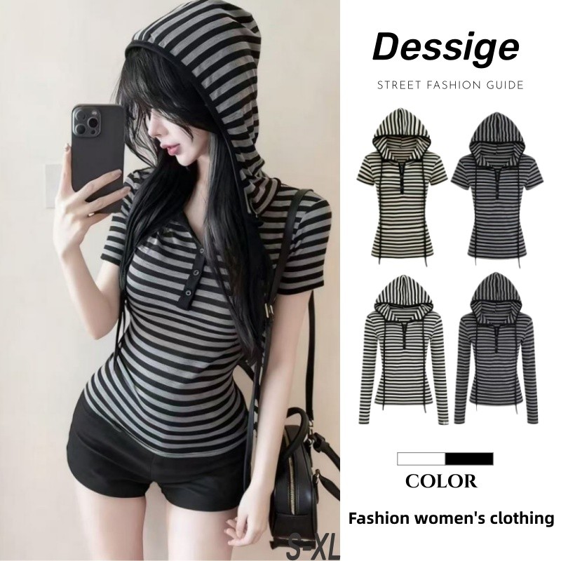 Áo Hoodie sọc cổ điển dài tay nữ ngắn taycó mũ trùm đầu kẻ sọc phối màu nữ