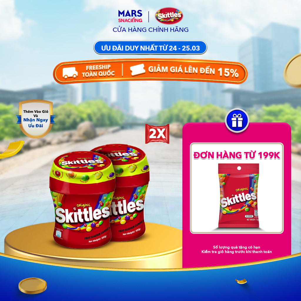 Combo 2 hũ Kẹo Skittles Hương Trái Cây hũ 100g Viên kẹo trái cây