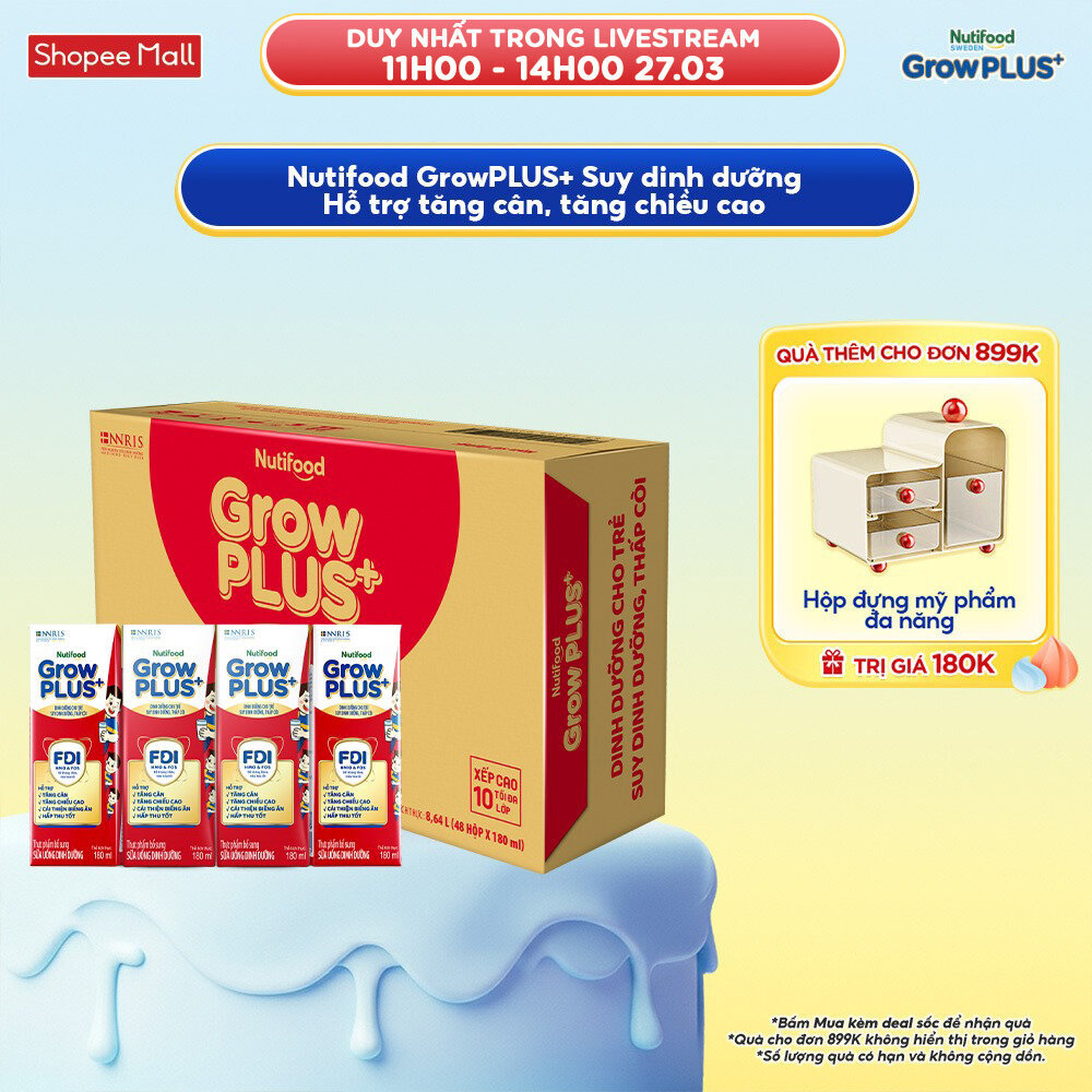 Thùng SBPS Nutifood GrowPLUS+ Đỏ (Suy Dinh Dưỡng) - Tăng Cân, Tăng Chiều Cao (48 Hộp x 180ml) (Bao bì tùy lô hàng)