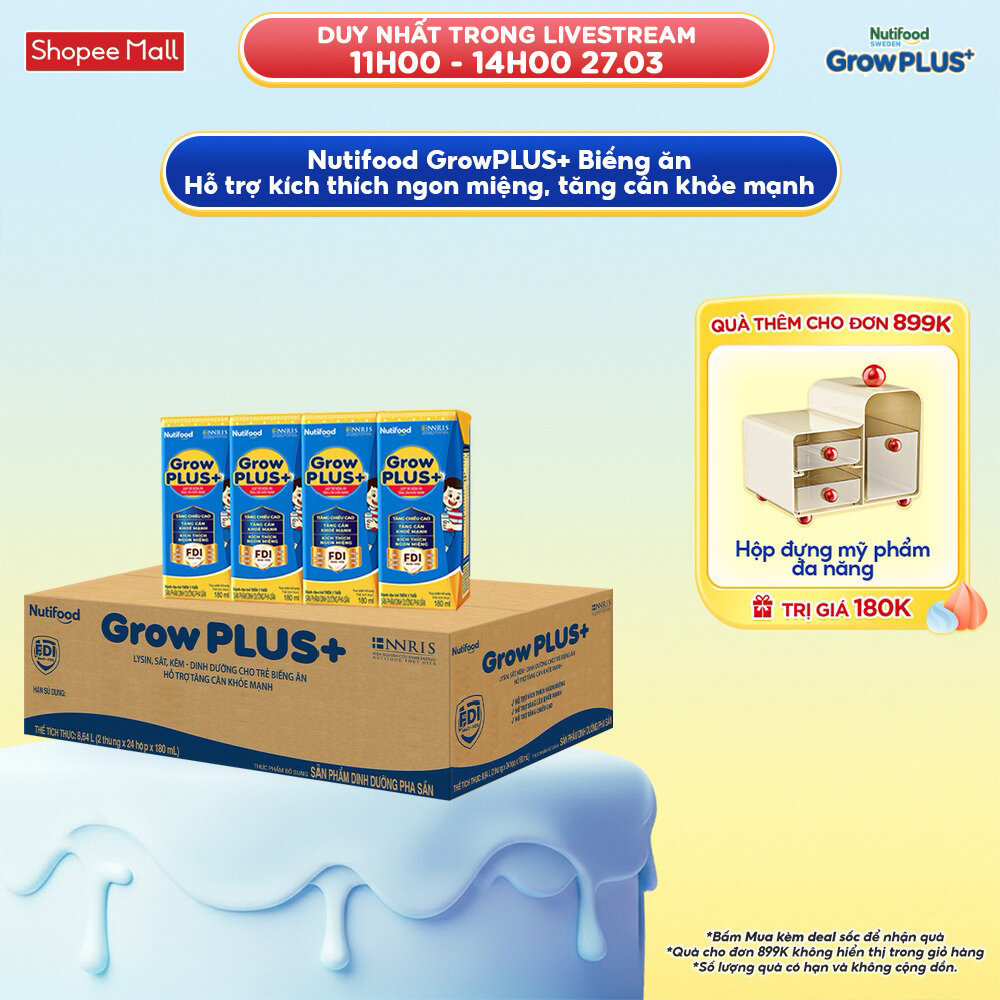 Thùng Sữa Bột Pha Sẵn Nutifood GrowPLUS+ Xanh (Biếng Ăn) 180ml  -Trên 2 tuổi - Tăng Cân Khỏe Mạnh (48 Hộp x 180ml)