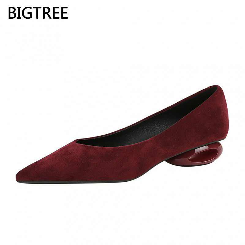 BIGTREE Khối Giày Cao Gót 0 Phong Cách Pháp Mũi Nhọn Da Lộn Giày Cao Gót Thấp Miệng Nông Giày Nữ